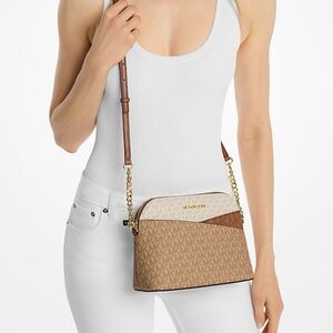 NWT Michael Kors tan and camel multi logo dome crossbody bag $258 retail